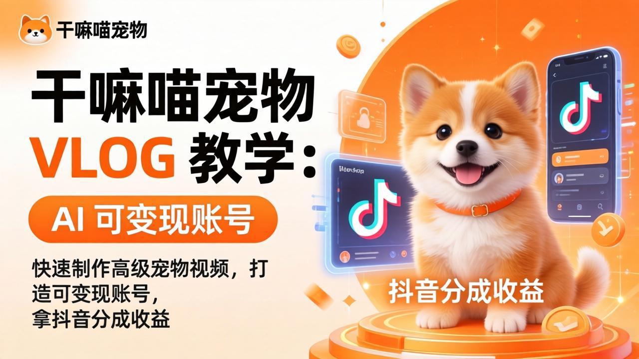 干嘛喵宠物 VLOG 教学：AI 快速制作高级宠物视频，打造可变现账号，拿抖音分成收益