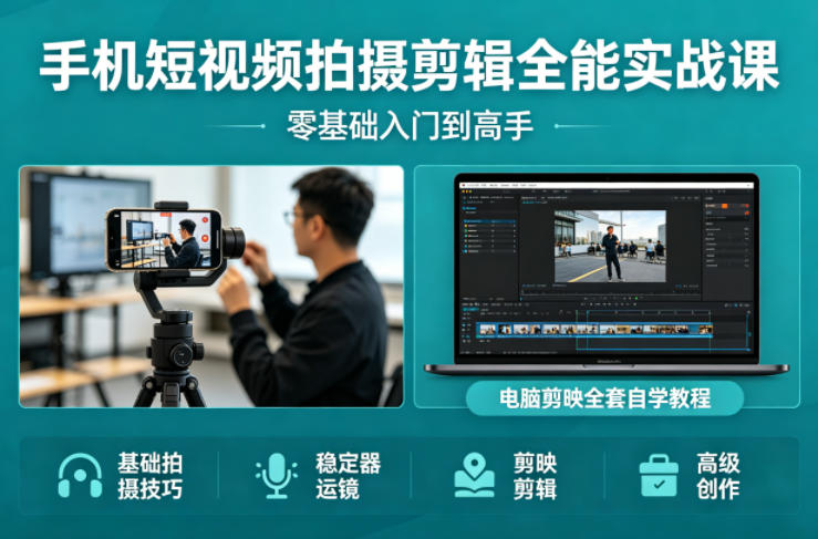 手机短视频拍摄剪辑全能实战课：零基础入门到高手，稳定器运镜+电脑剪映全套自学教程