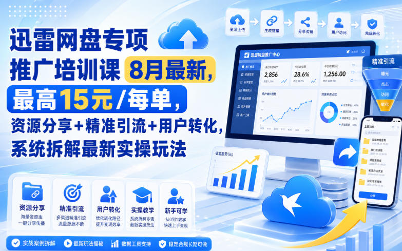 迅雷网盘专项推广培训课9月最新，最高15米/每单，资源分享+精准引流+用户转化，系统拆解最新实操玩法（更新1009）
